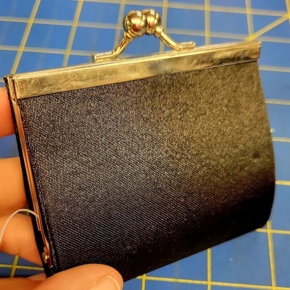 Black Satiny Coin Kiss Lock Clutch 3.5
